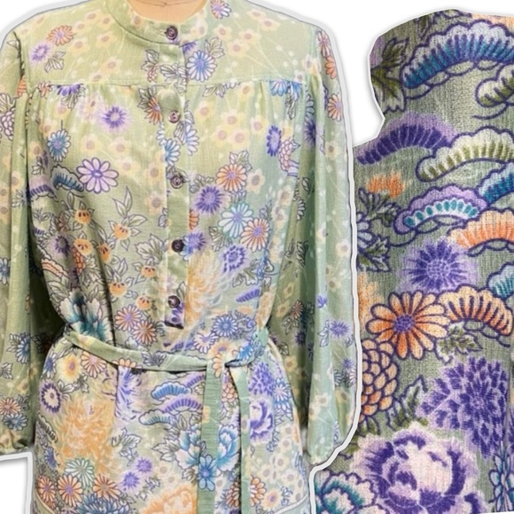 VINTAGE Marty Gutmacher pastel‎ floral blouse shirt belted 60s 70s MOD hippie - Picture 1 of 15